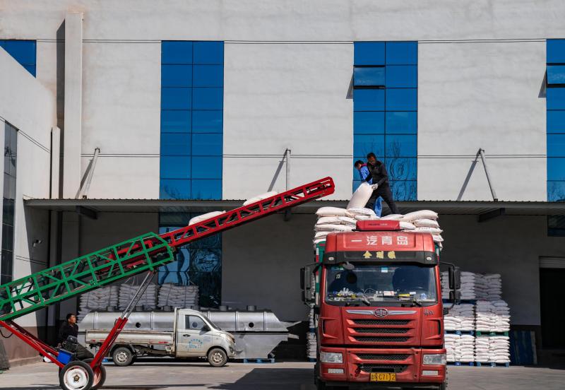 圖為2025年3月17日，在山東省樂陵市化樓鎮(zhèn)歐潤食品有限公司生產(chǎn)車間，工人在將面包糠裝車外運。