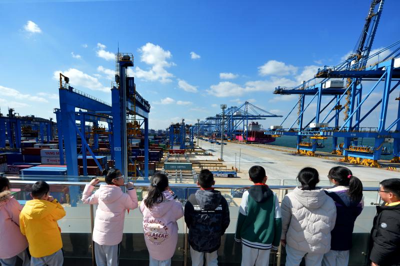 學(xué)生們實(shí)地參觀青島智慧港。