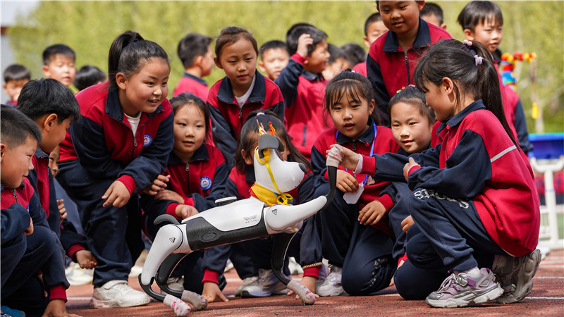 2025年4月16日，山東省樂陵市市中街道阜平小學(xué)科技勞動周現(xiàn)場，小學(xué)生在與機(jī)機(jī)器狗互動。