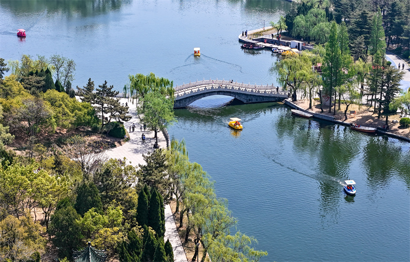 4月20日，游客在山東青島萊西市月湖公園泛舟游玩。張進剛攝