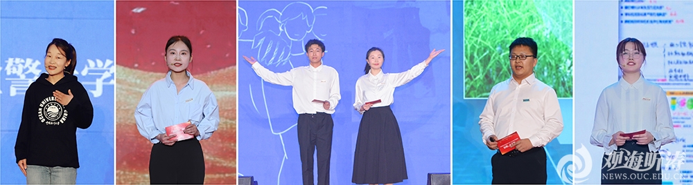 葛子涵（左一）、韓夢潔（左二）、王駿杰和王小涵（中）、張彥浩（右二）、梁鈺（右一）發(fā)言