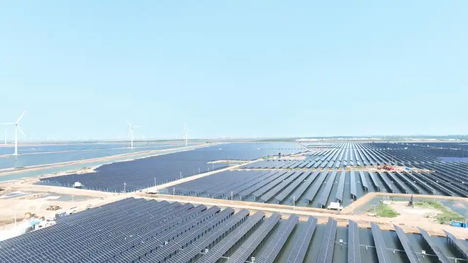 “漁光一體”光伏發(fā)電產(chǎn)業(yè)園實(shí)現(xiàn)"板上發(fā)電、板下養(yǎng)蝦"。濱州市委宣傳部供圖