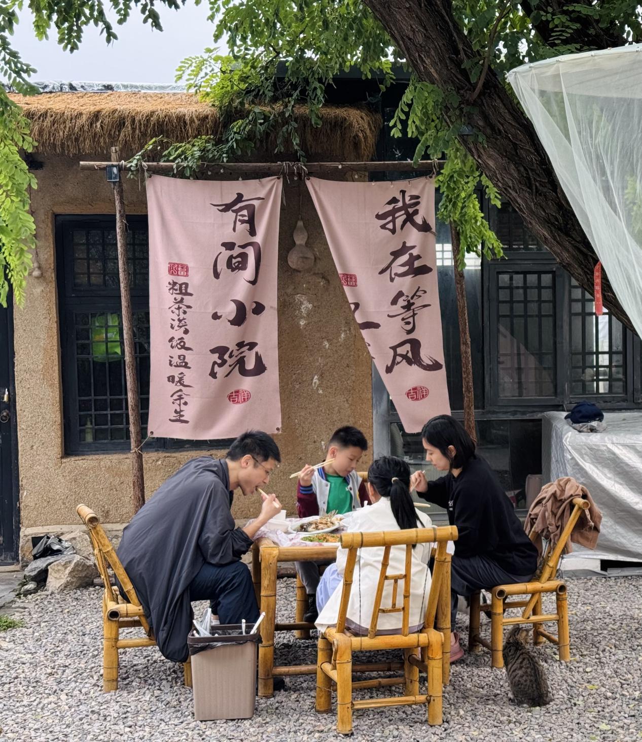 游客在民宿小院品嘗湖鮮，體驗(yàn)湖島閑適生活。 受訪者供圖